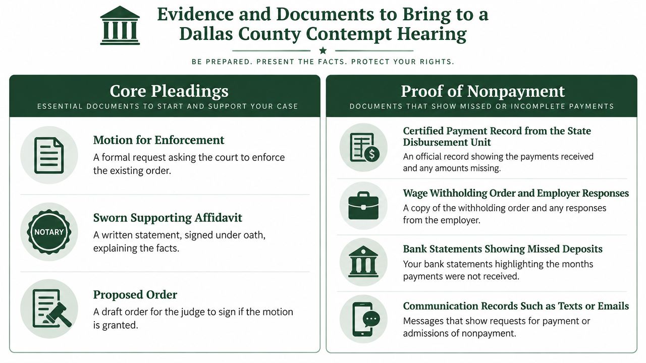 A guide listing essential documents and evidence required for a Dallas County child support contempt hearing.