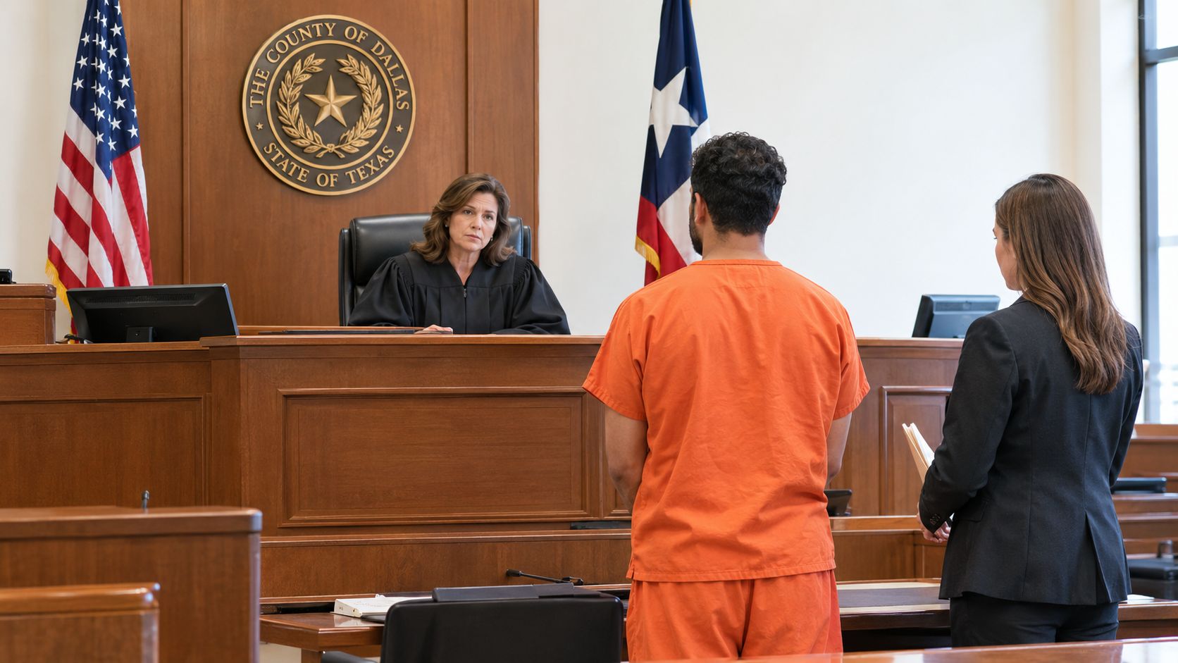 A female judge presides over a courtroom while a defendant in an orange jumpsuit stands before her.