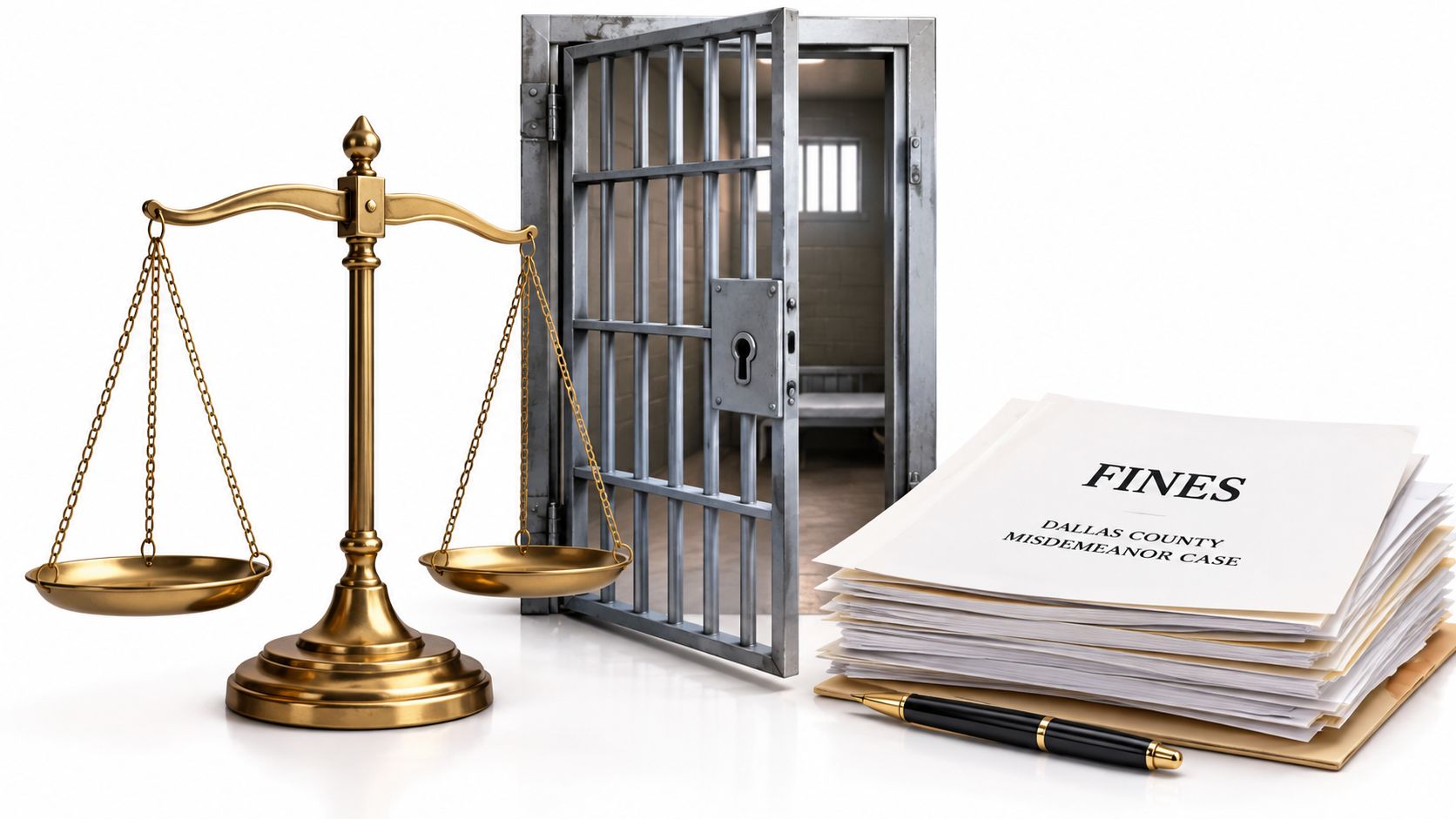 A courtroom scale, open jail cell bars, and legal documents regarding Dallas County misdemeanor fines on a desk.