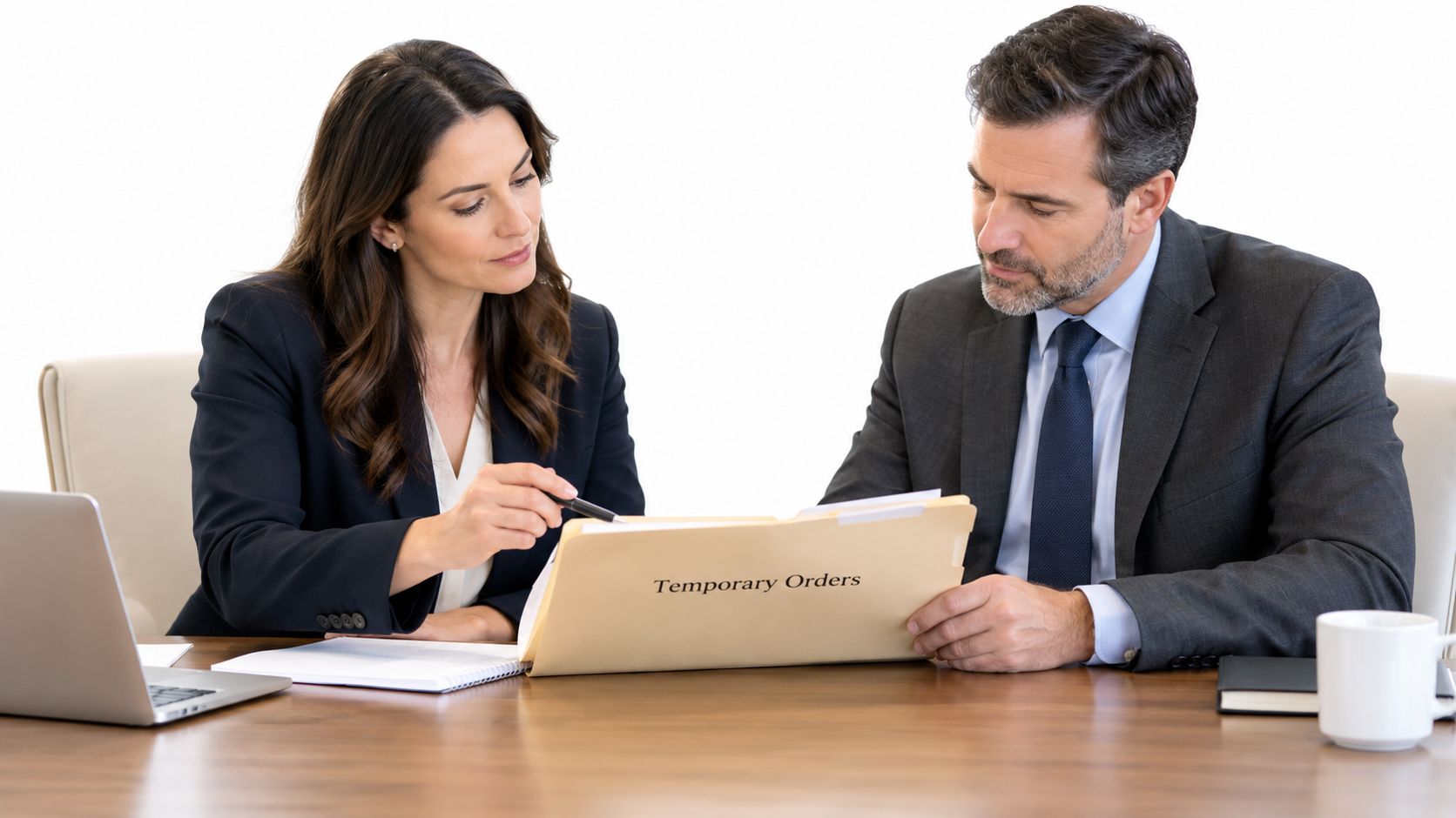 A professional man and woman in business suits reviewing a legal folder labeled Temporary Orders together.