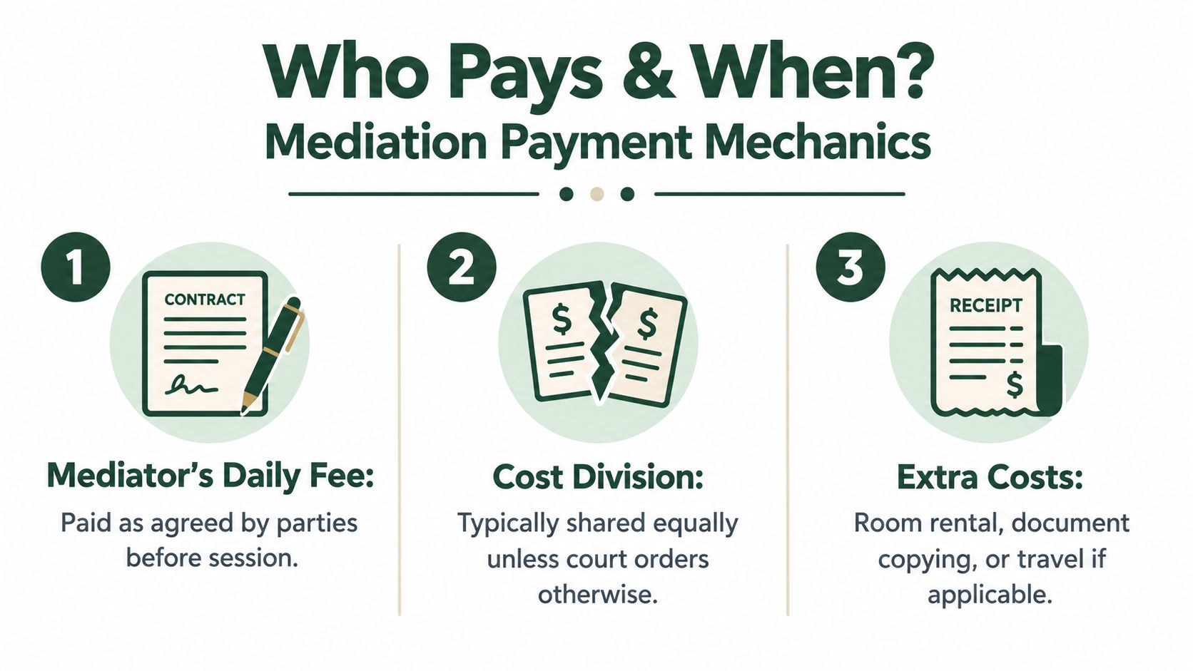 A diagram explaining the three key aspects of mediation payment mechanics, including daily fees, cost division, and extra expenses.