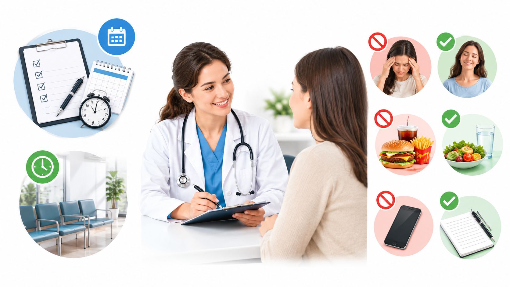 A friendly female doctor consulting with a patient in an office with healthy lifestyle infographic icons.