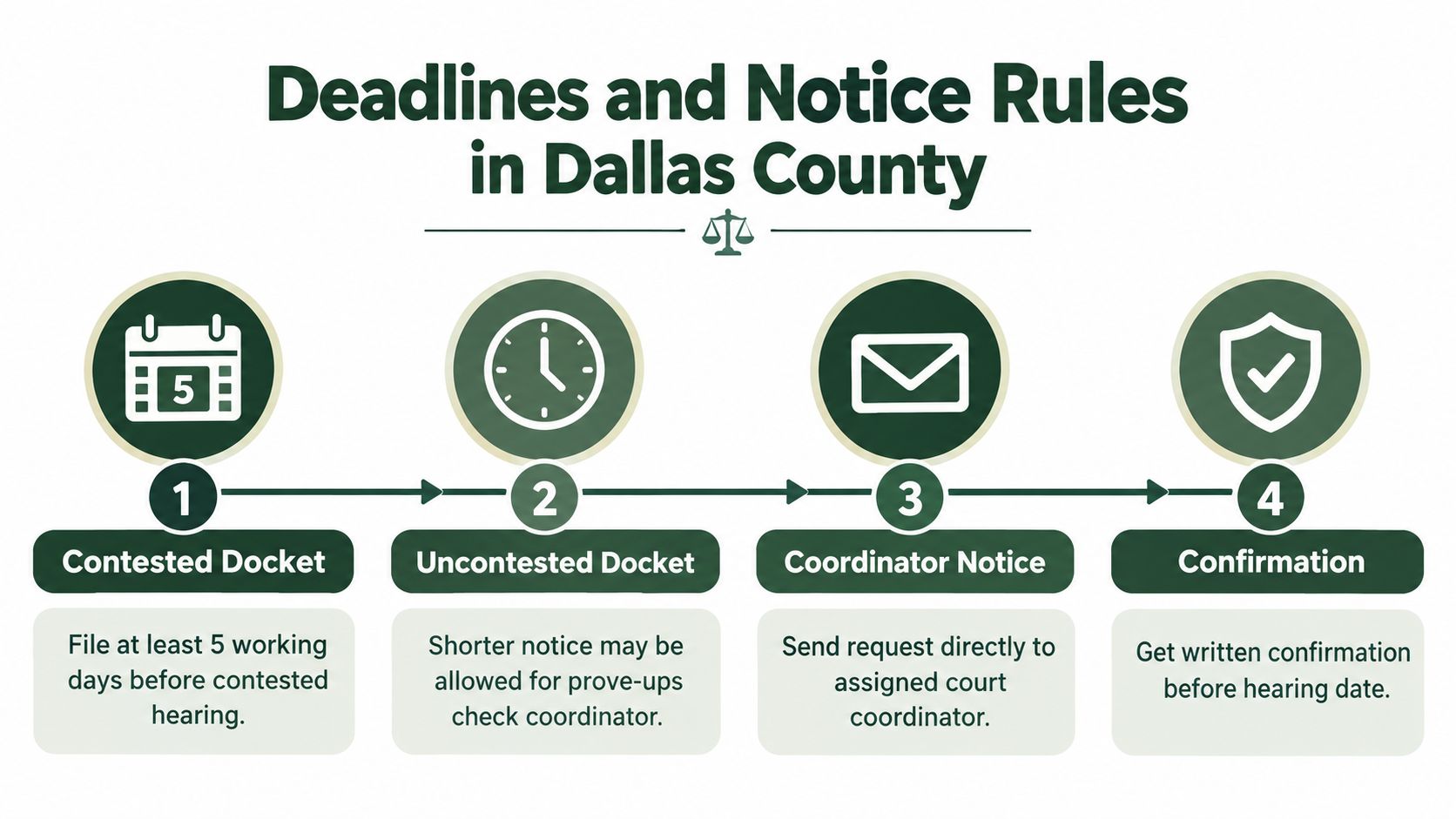 An infographic showing the four-step process for filing deadlines and notice rules in Dallas County courts.