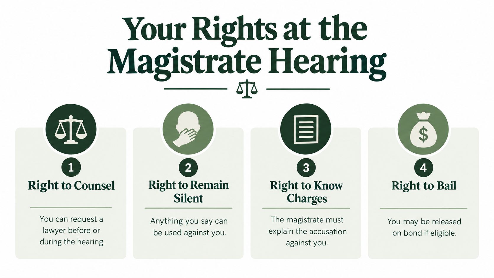 An infographic titled Your Rights at the Magistrate Hearing outlining four legal rights after an arrest.