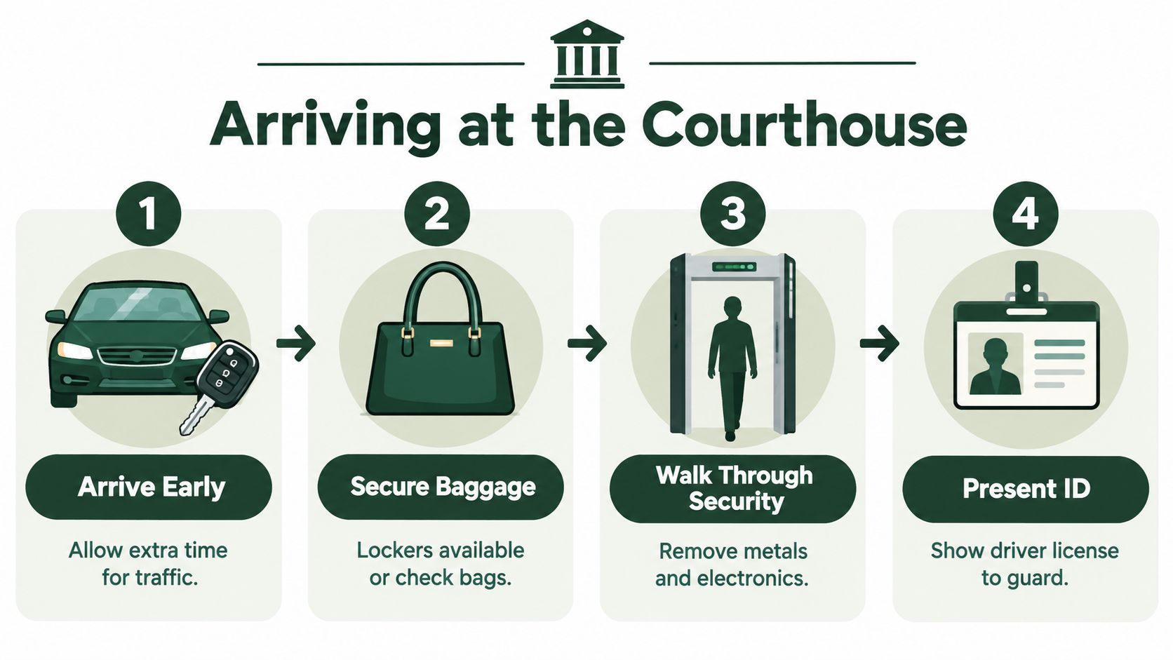An infographic showing four steps for arriving at the courthouse including parking, security, and identification.