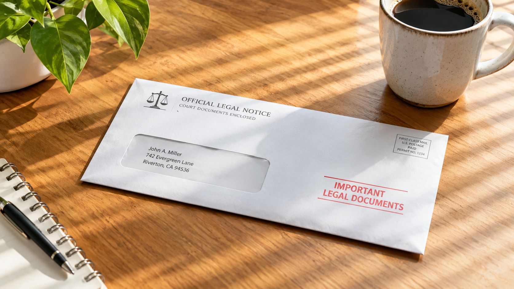 A white official legal notice envelope sits on a wooden desk next to a coffee mug.