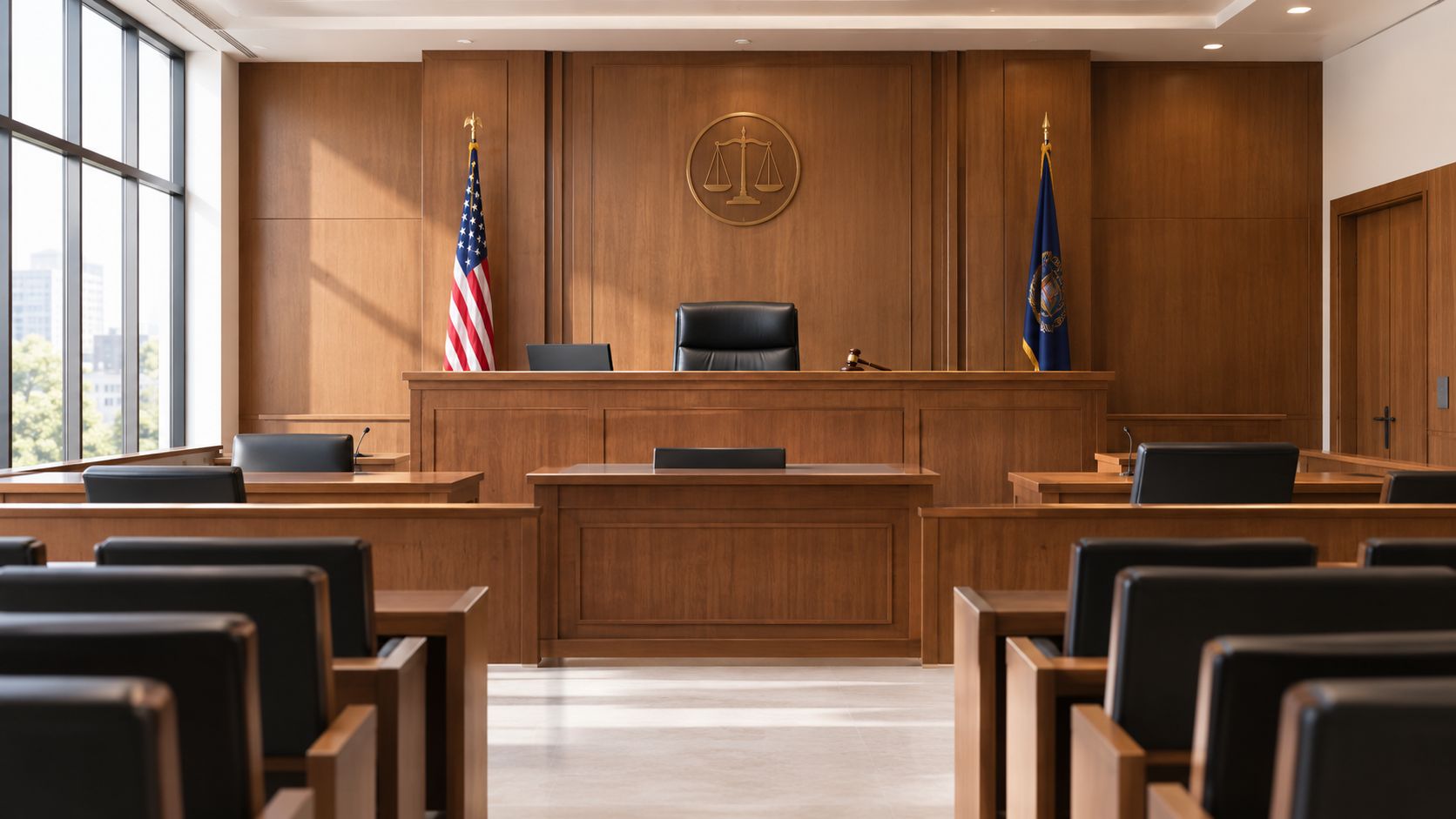 Empty courtroom with a judge's bench, wooden paneling, flags, and rows of chairs for the public.