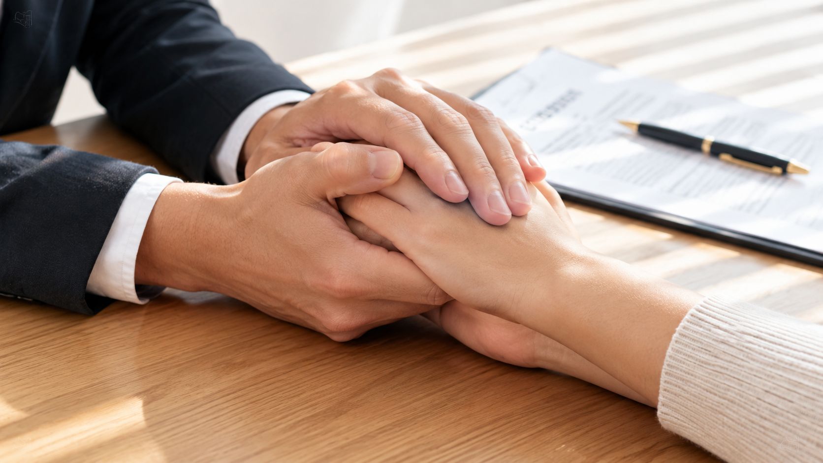 A professional in a suit comforting a person by holding their hands over a legal document.