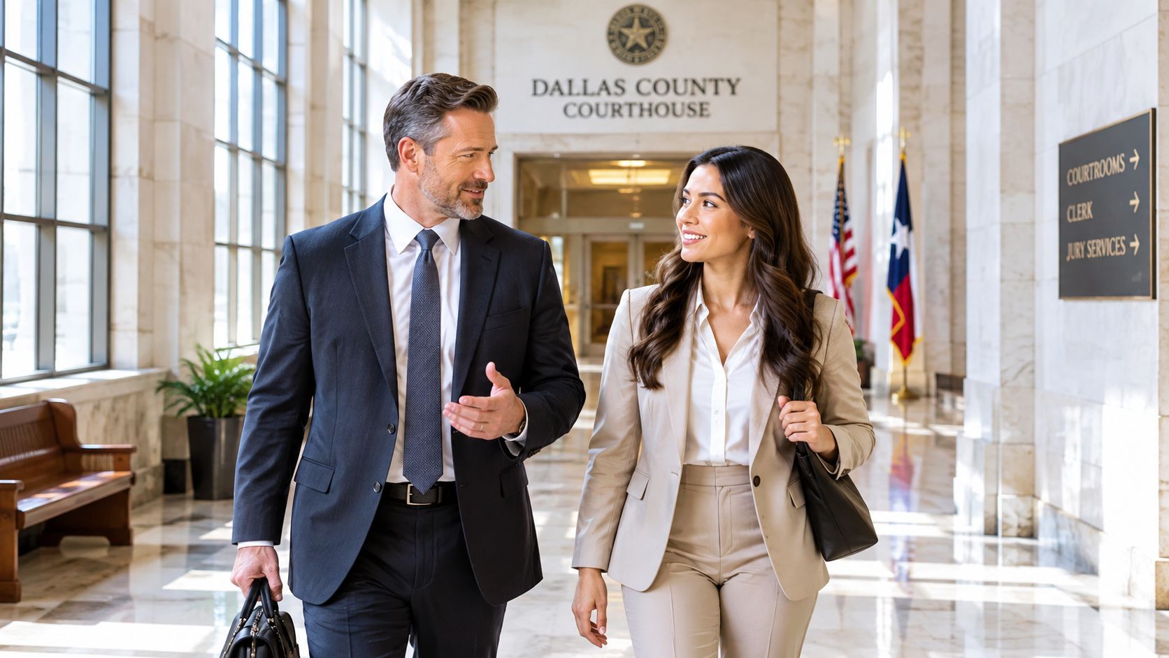 A professional man and woman in business attire walking and conversing inside the Dallas County Courthouse lobby.
