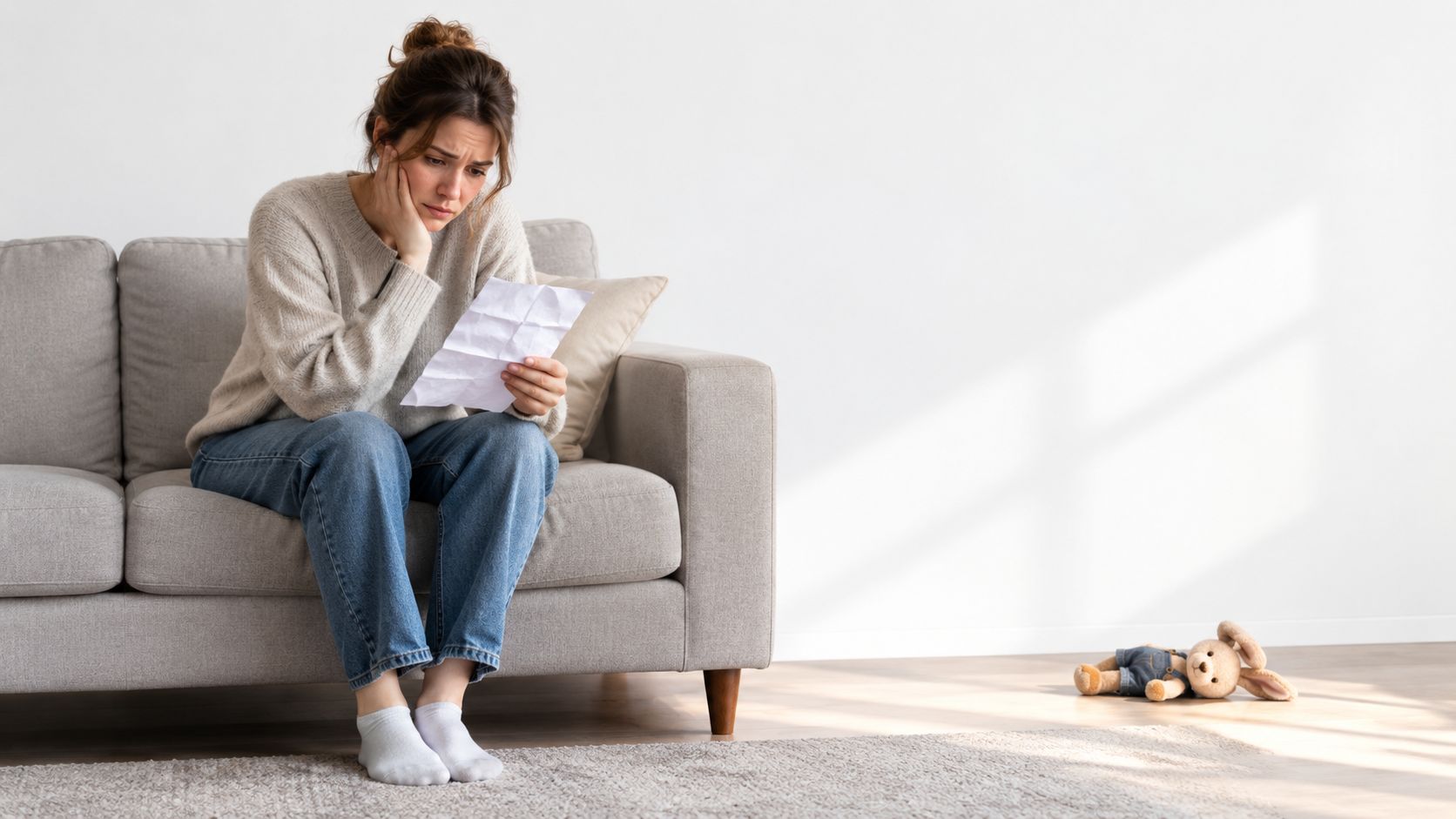 A concerned woman sitting on a couch, holding a letter, reflecting on a CPS removal hearing.