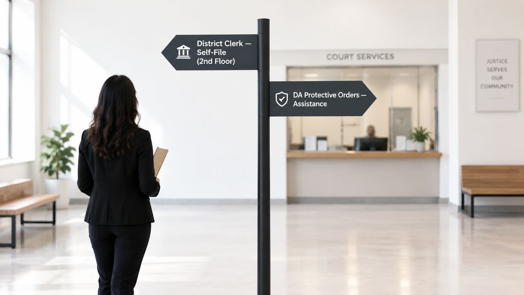 A professional woman standing in a courthouse hallway looking at a sign pointing toward court services.