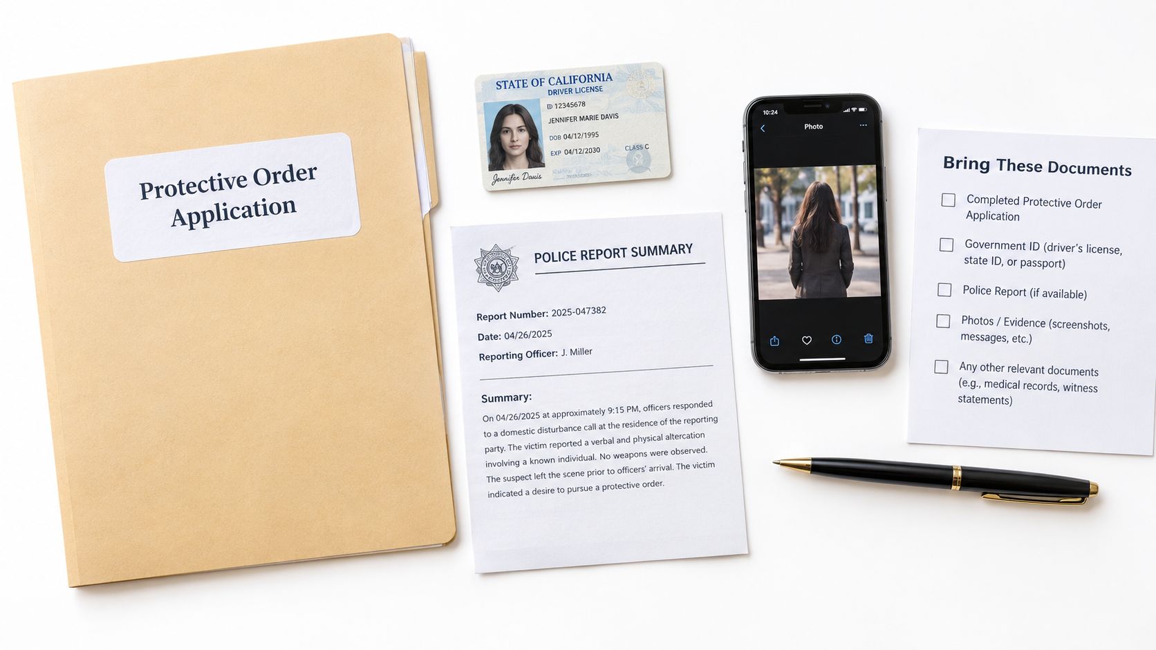 A flatlay of a protective order application folder, a driver's license, a police report, and a phone.