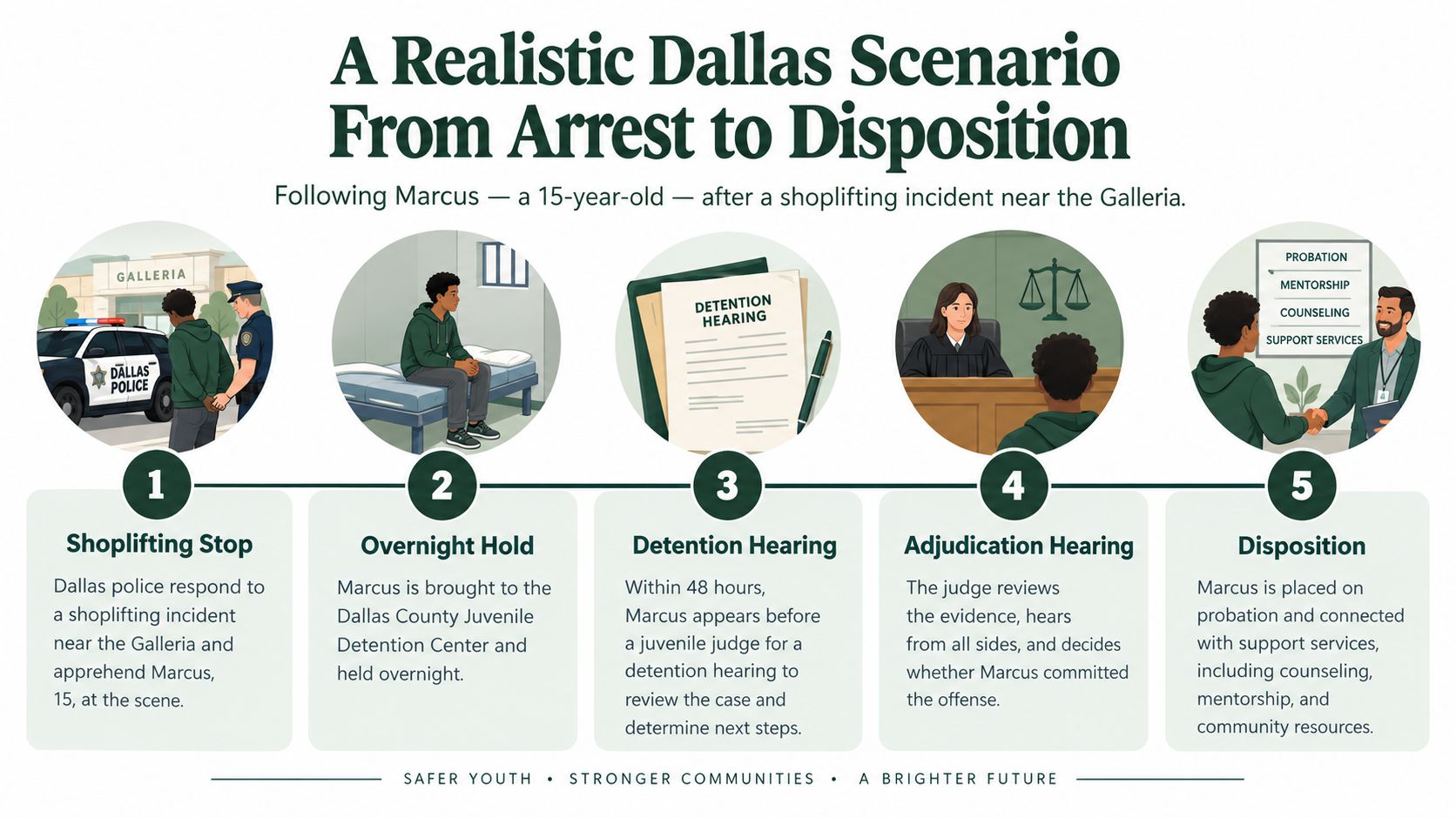 An infographic detailing the five-step legal process from arrest to disposition for a juvenile in Dallas.