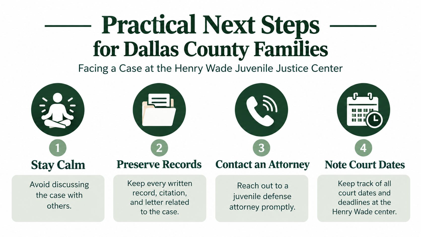 A four-step infographic for Dallas County families dealing with the Henry Wade Juvenile Justice Center.
