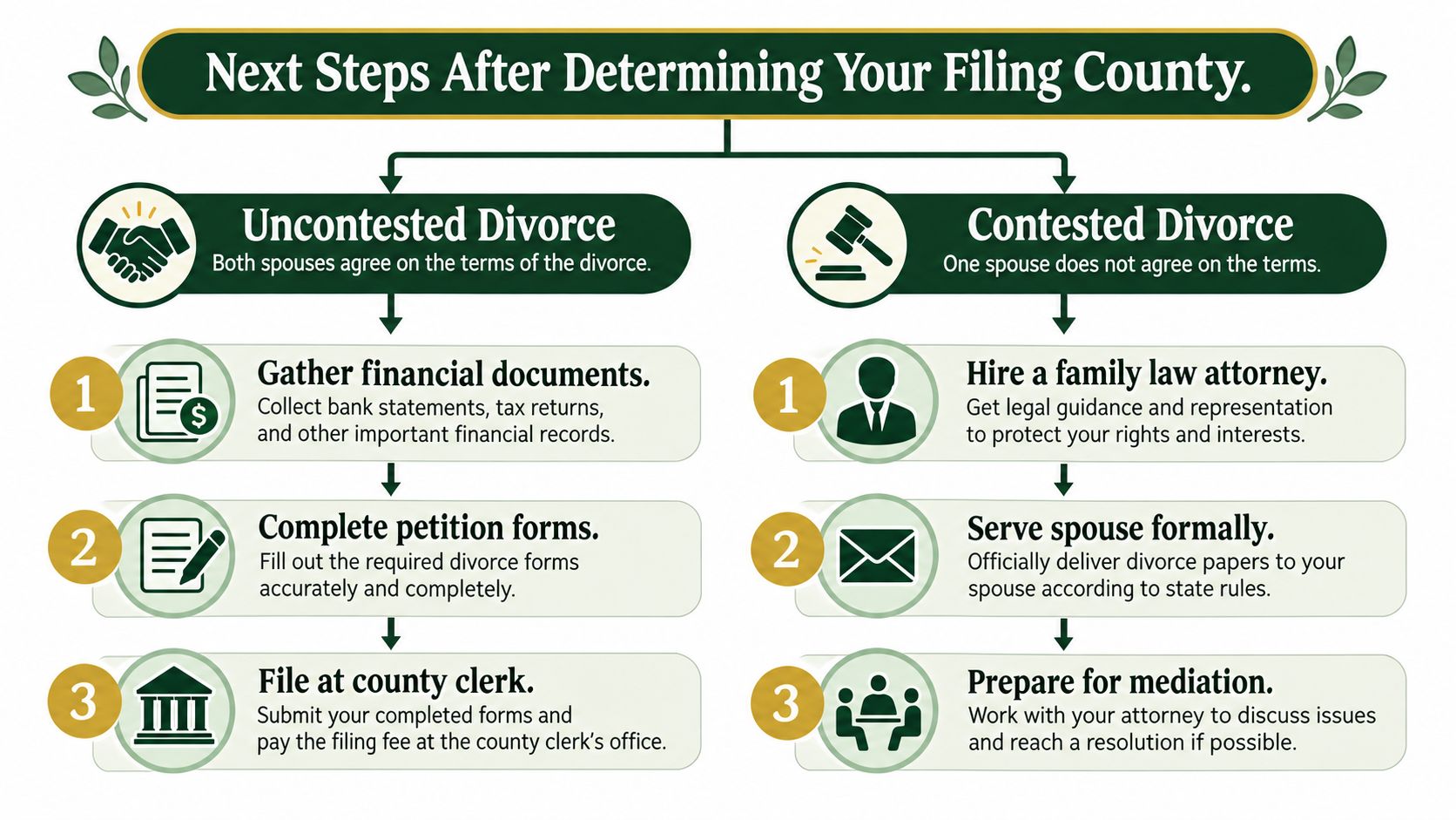 A flowchart outlining the procedural steps for uncontested and contested divorce filings by county.