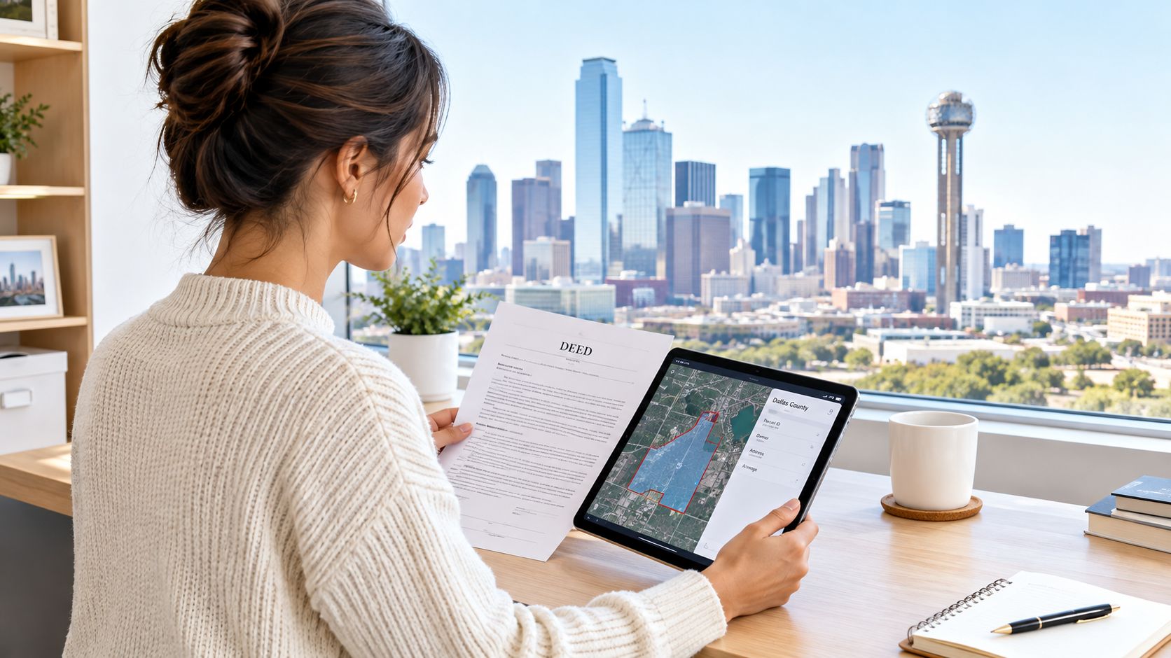A professional woman reviews a property deed and digital map while overlooking the Dallas city skyline.